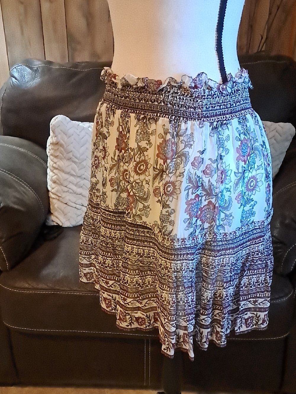 Anthropologie Boho Floral Tiered Ruffle Smocked Waist Lined Skirt - Picture 3 of 7